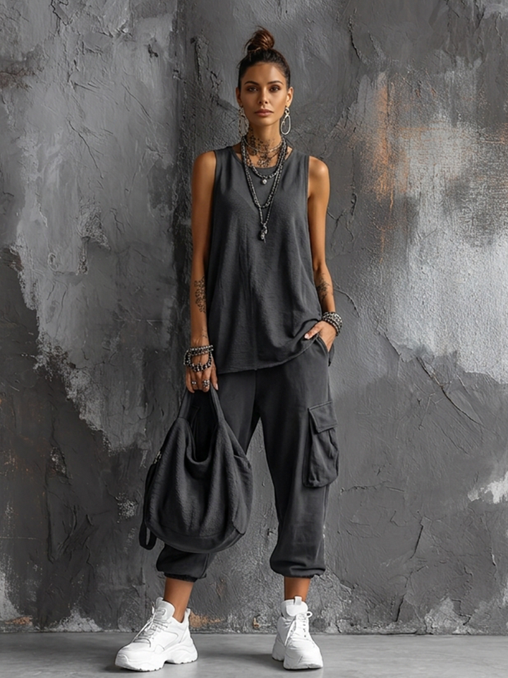 Women's Casual Style Dark Gray Sleeveless Top + Jogger Cargo Pants Set