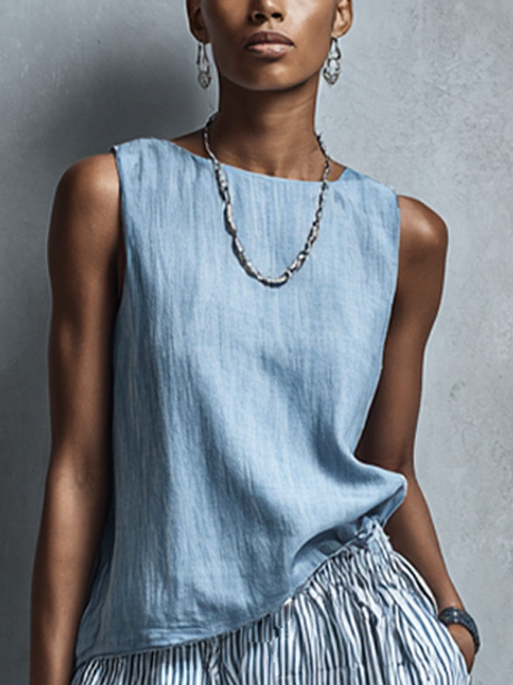 Women's Casual Light Blue Crew Neck Sleeveless Top And Blue-White Striped Elastic Waist Wide-Leg Pants Set