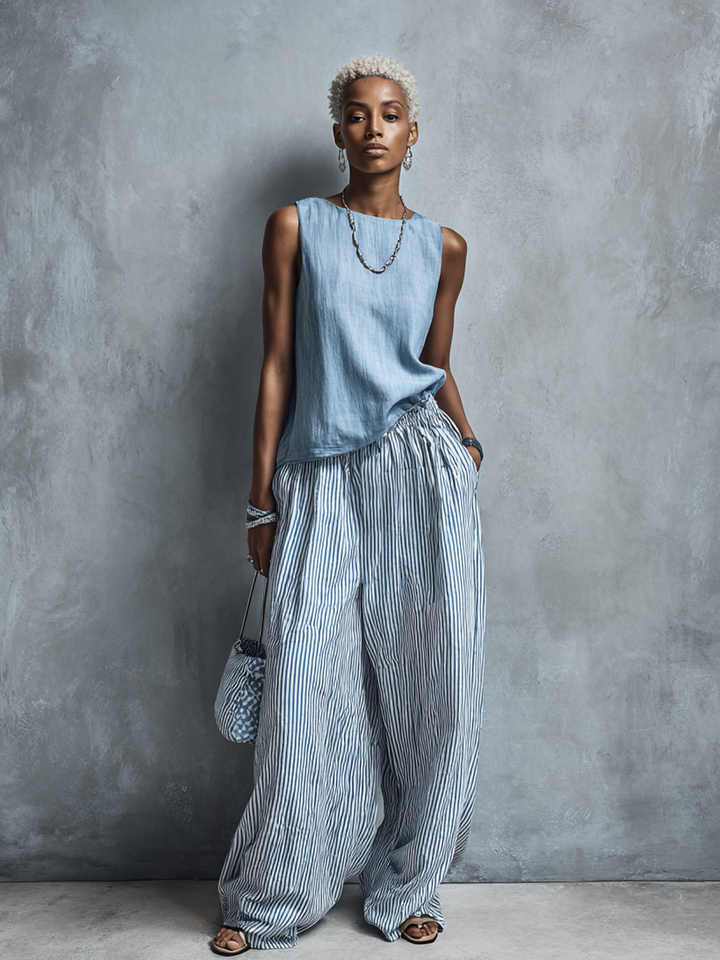Women's Casual Light Blue Crew Neck Sleeveless Top And Blue-White Striped Elastic Waist Wide-Leg Pants Set