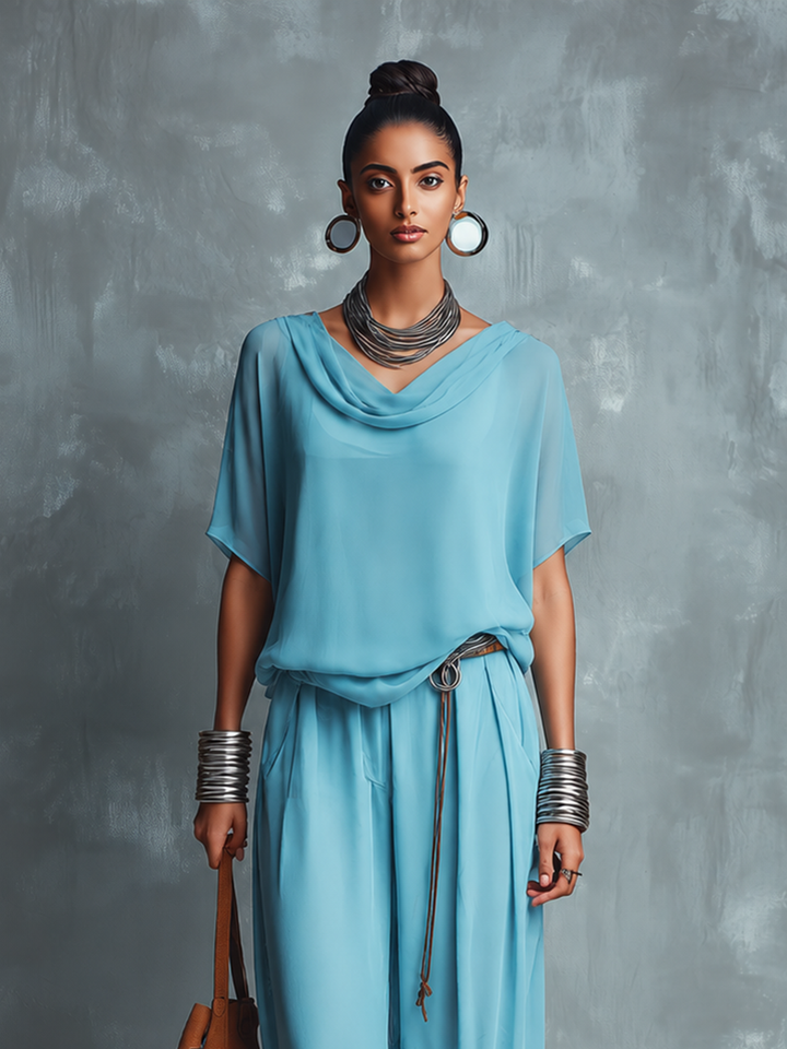 Women's Blue Chiffon Cowl-Neck Short-Sleeve Top And Wide-Leg Pants Set