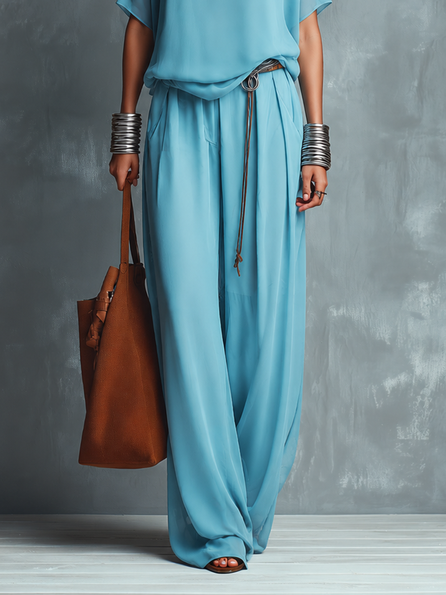 Women's Blue Chiffon Cowl-Neck Short-Sleeve Top And Wide-Leg Pants Set