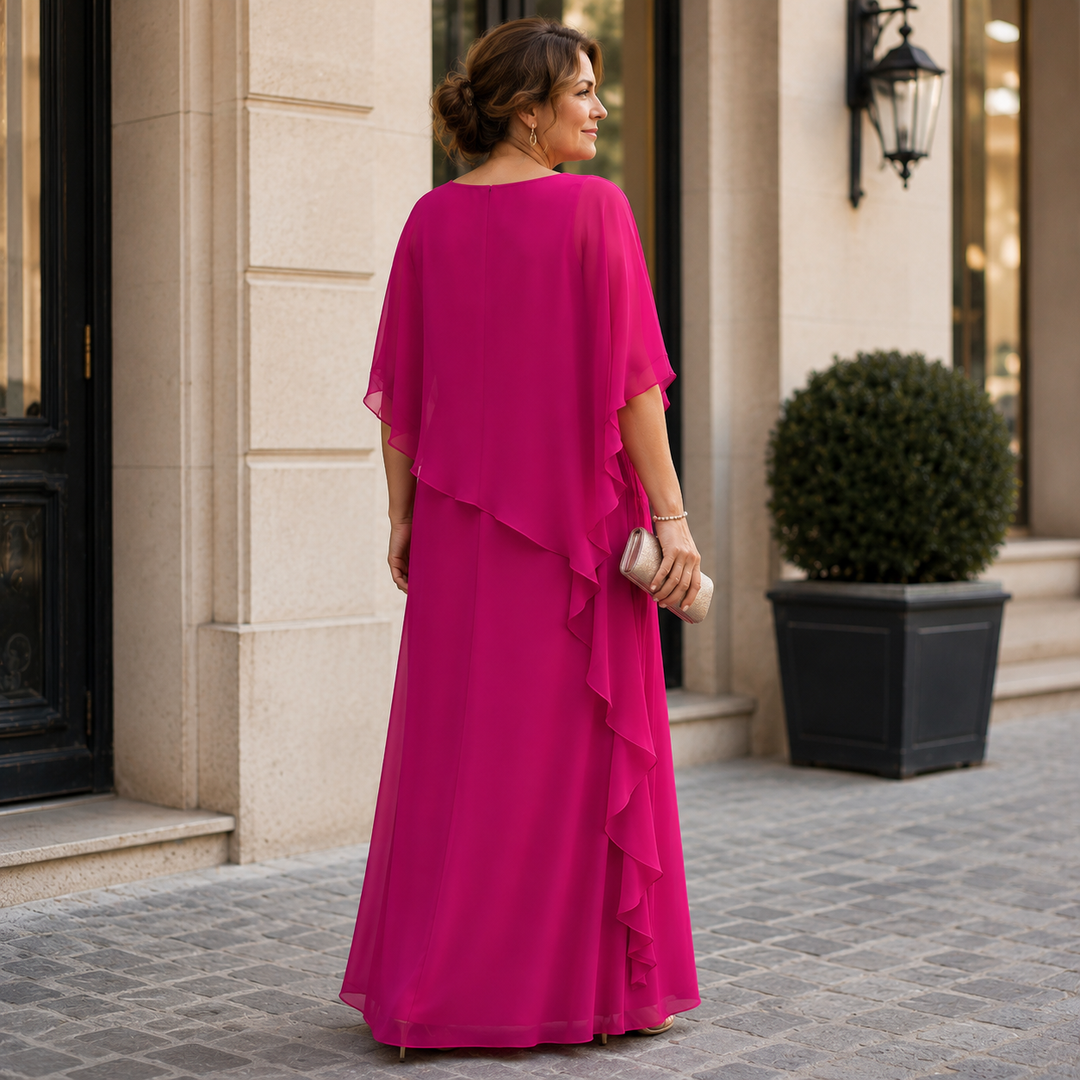 Asymmetric Tiered Chiffon Overlay Cape Maxi Dress