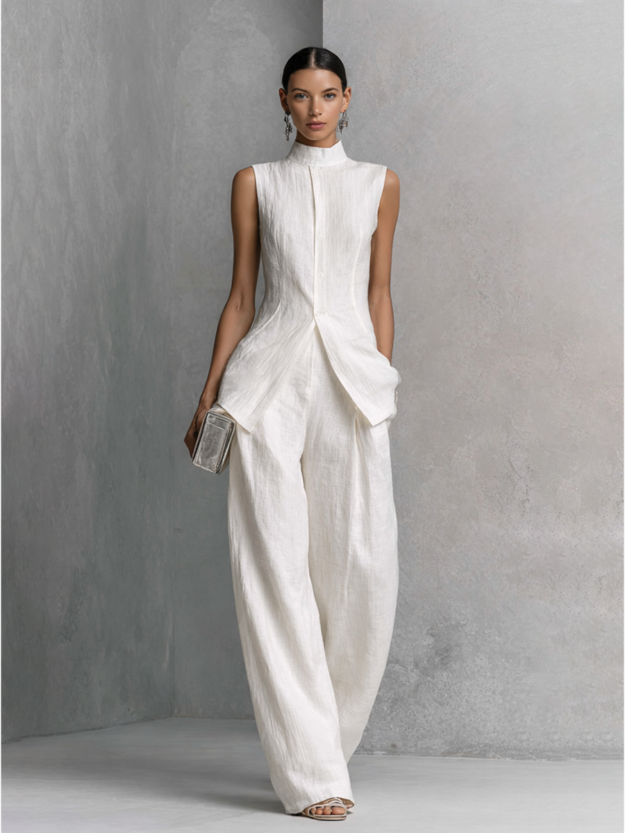 Women's Elegant White Sleeveless Top and Wide-Leg Pants Set