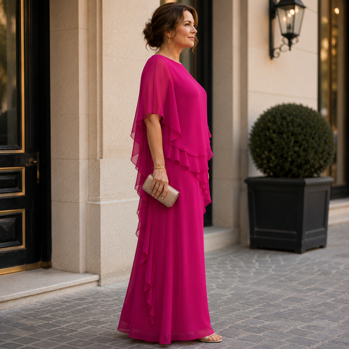 Asymmetric Tiered Chiffon Overlay Cape Maxi Dress