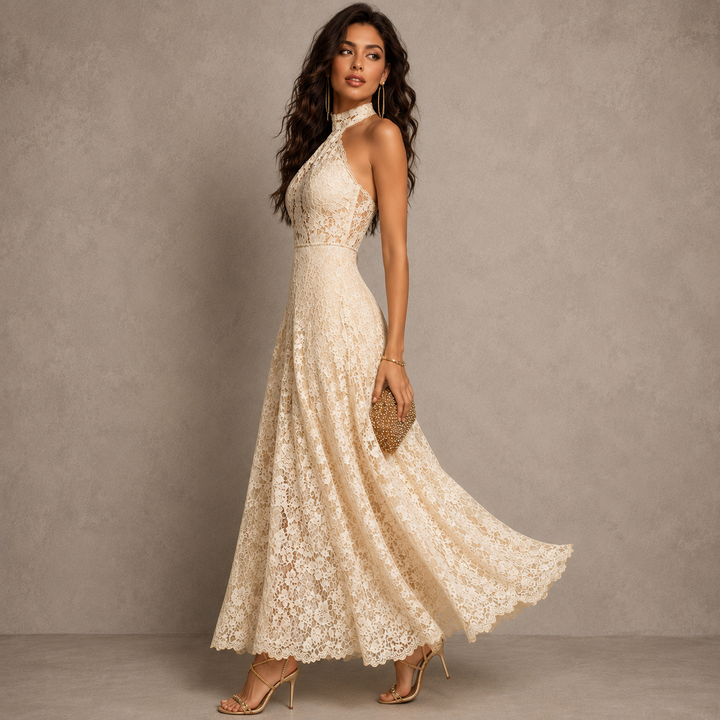 Retro Eelgant Ivory Lace Halter Evening Maxi Dress
