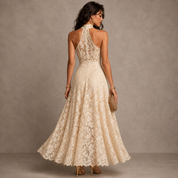 Retro Eelgant Ivory Lace Halter Evening Maxi Dress