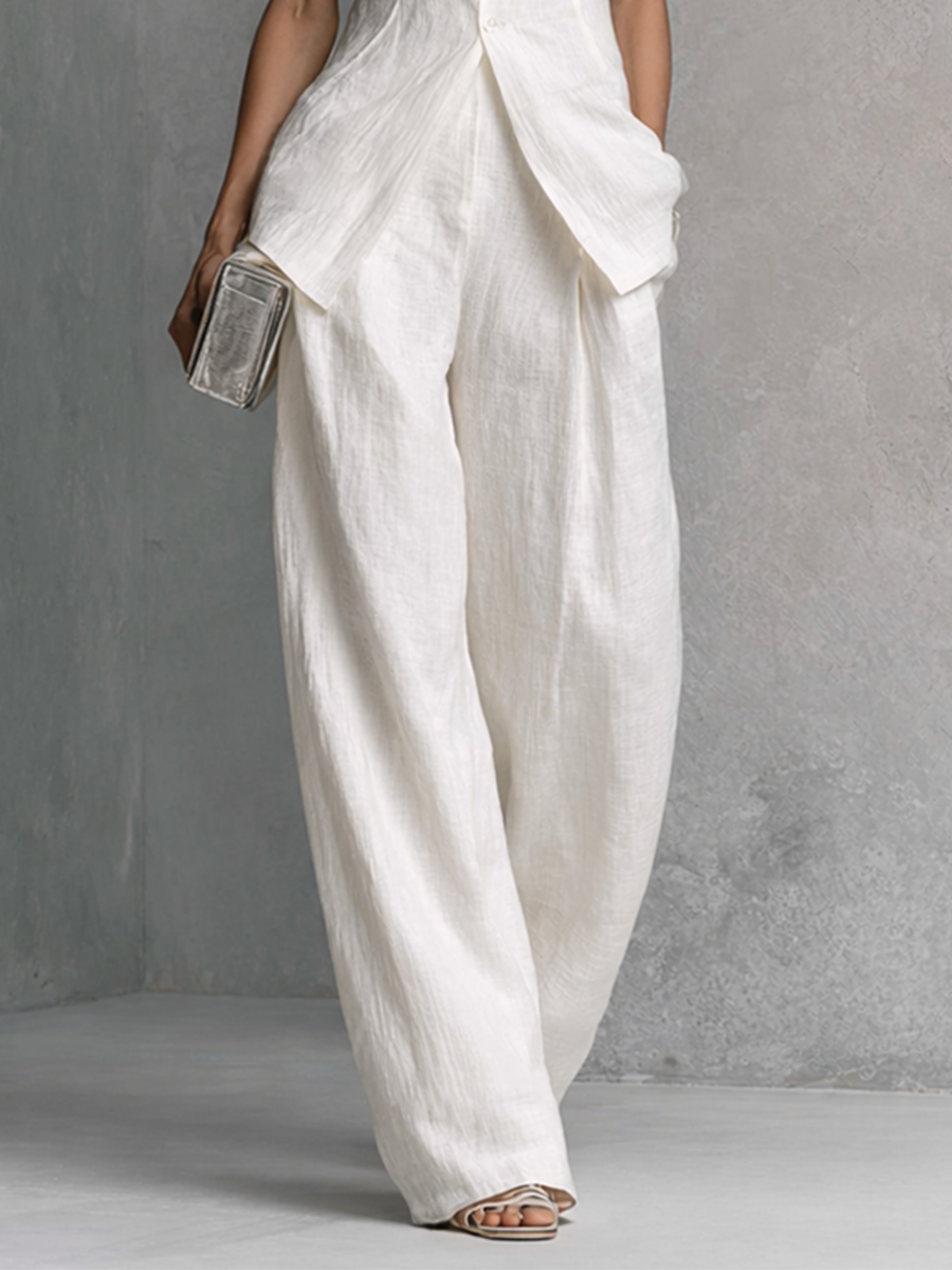 Women's Elegant White Sleeveless Top and Wide-Leg Pants Set