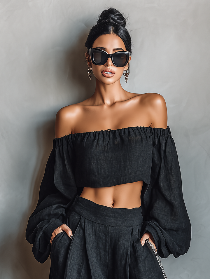 Women's Minimalist Strapless Long-sleeved Blouse And Wide-leg Pants Set