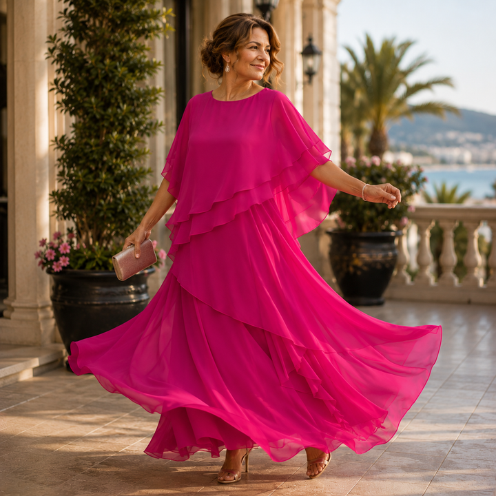 Asymmetric Tiered Chiffon Overlay Cape Maxi Dress