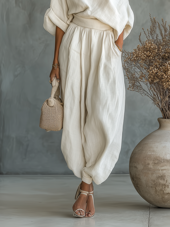 Women's white Off-shoulder Loose Casual Top And Tapered Pants Set