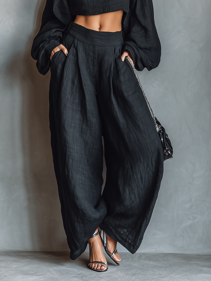 Women's Minimalist Strapless Long-sleeved Blouse And Wide-leg Pants Set
