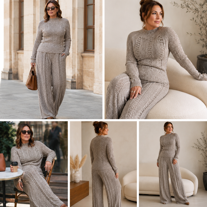 Women's Taupe Elegant Sweater & Wide - Leg Pants Set knit