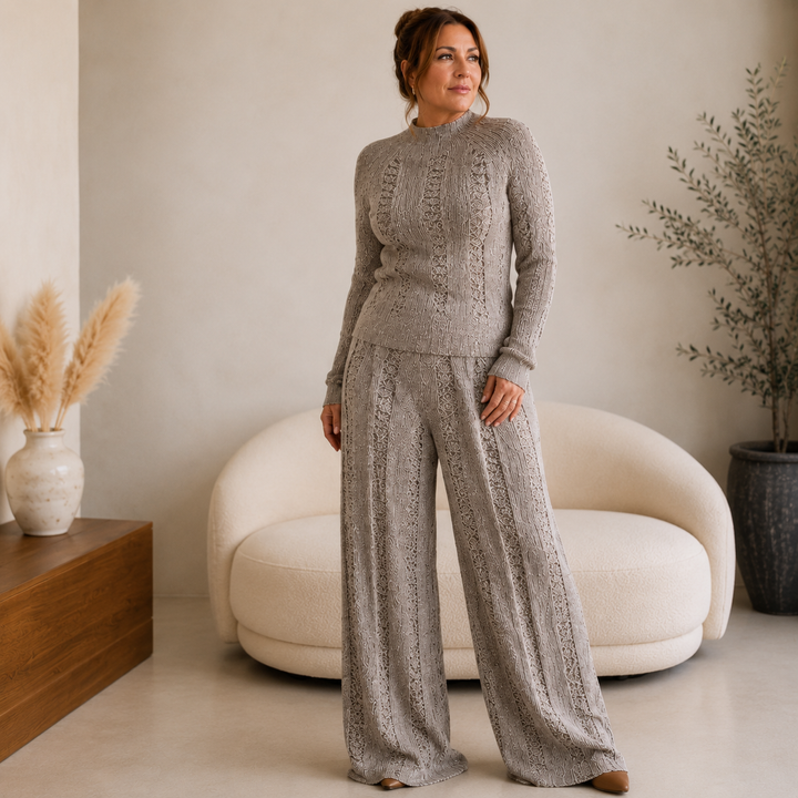 Women's Taupe Elegant Sweater & Wide - Leg Pants Set knit