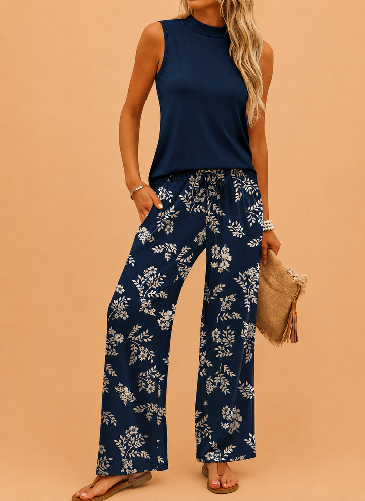 Women's Mock Neck Tank & Floral Wide Leg Pants Set