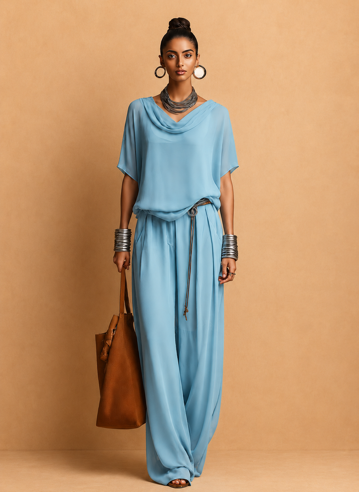 Women's Blue Chiffon Cowl-Neck Short-Sleeve Top And Wide-Leg Pants Set