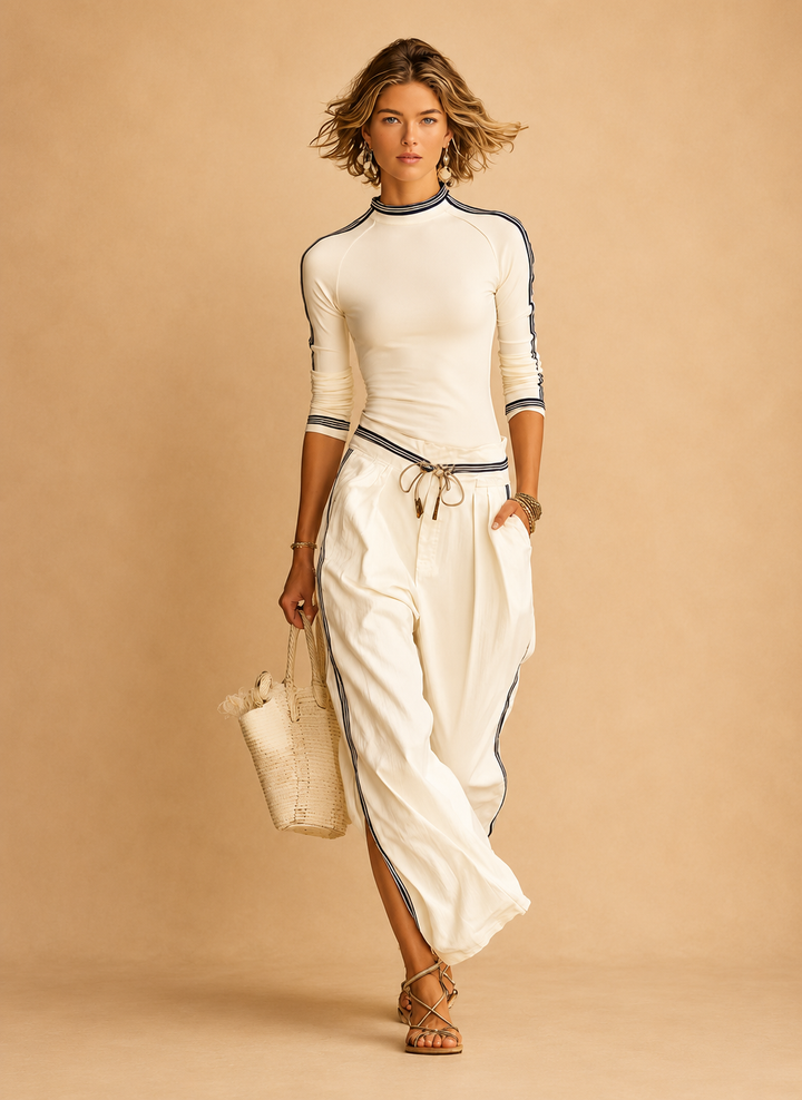 Women's Sports Half-high-neck Long-sleeved T-shirt Drawstring Wide-leg Pants Two-piece Set