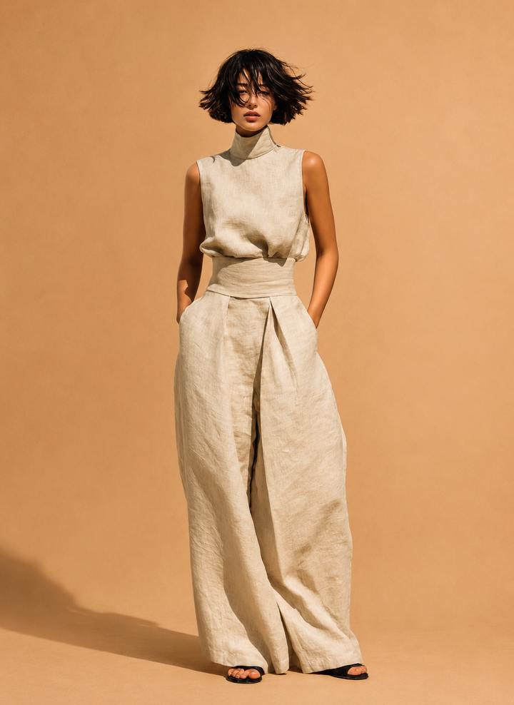 Women's Minimalist Sleeveless Blouse And Wide-leg Pants Set