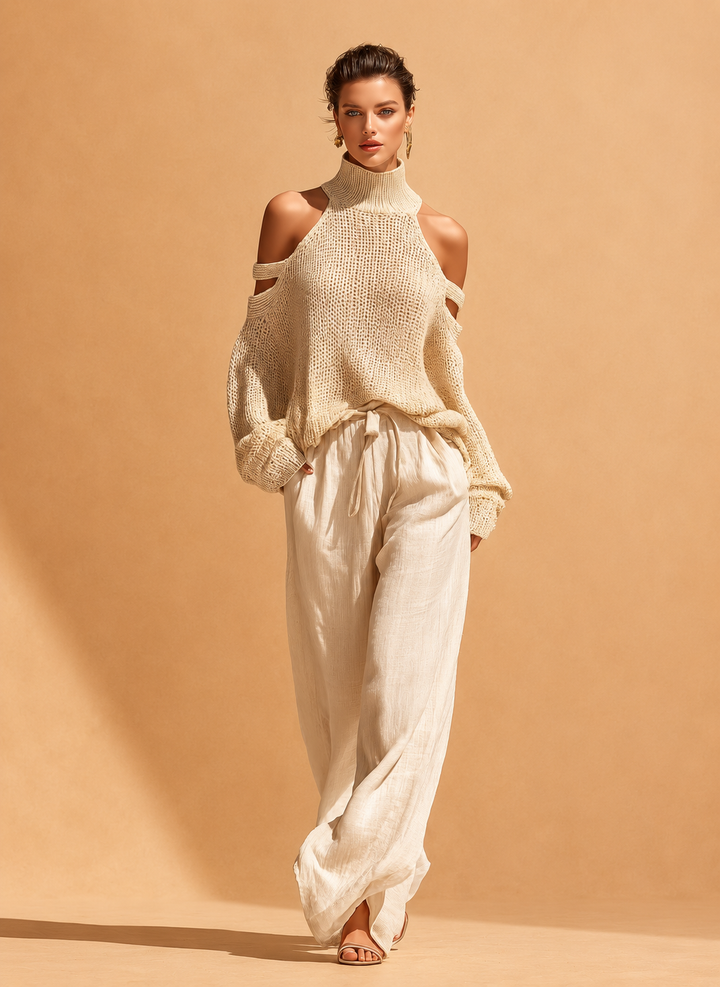 Women's Beige Knit Fabric Cold-Shoulder Turtleneck Top & Wide-Leg Pants Set