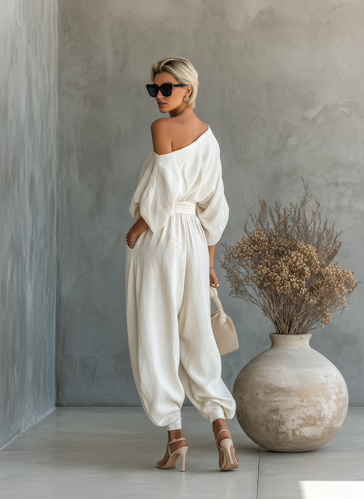 Women's white Off-shoulder Loose Casual Top And Tapered Pants Set