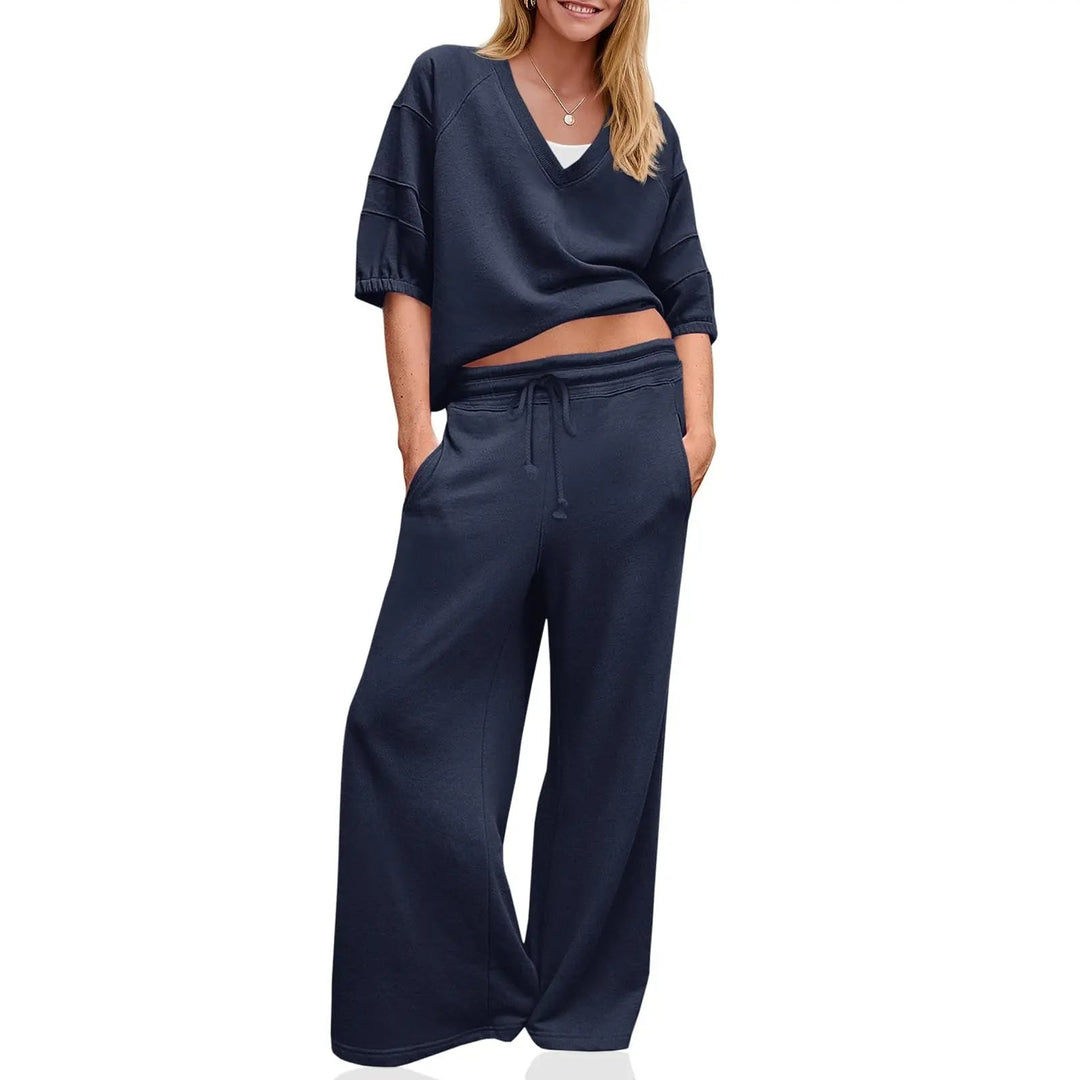 Womens 2 Piece Outfits Casual V Neck Shirts Wide Leg