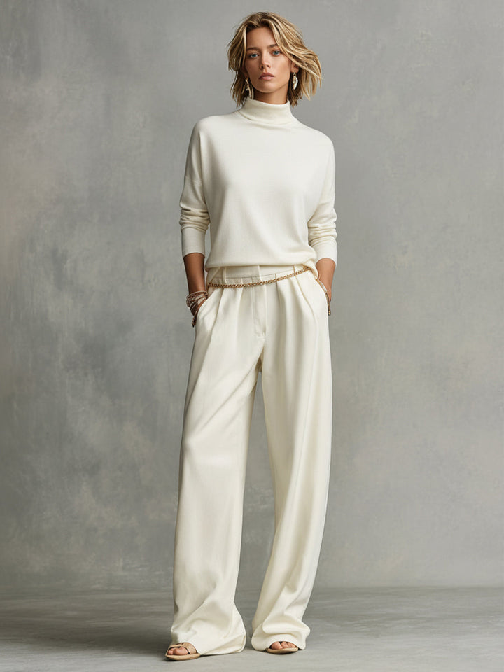 Women's Cream Soft Chic Turtleneck Top & Flowy Wide-Leg Pant Set