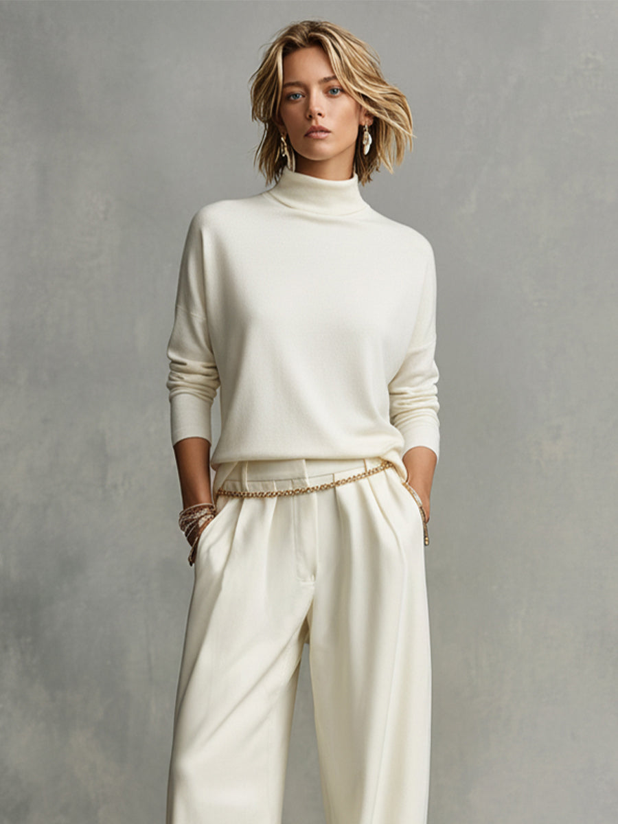 Women's Cream Soft Chic Turtleneck Top & Flowy Wide-Leg Pant Set