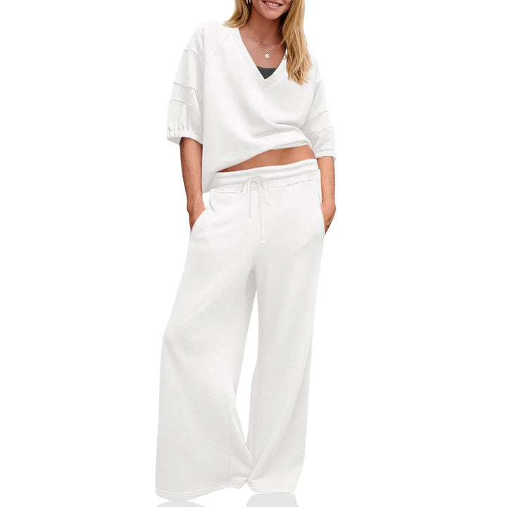 Womens 2 Piece Outfits Casual V Neck Shirts Wide Leg