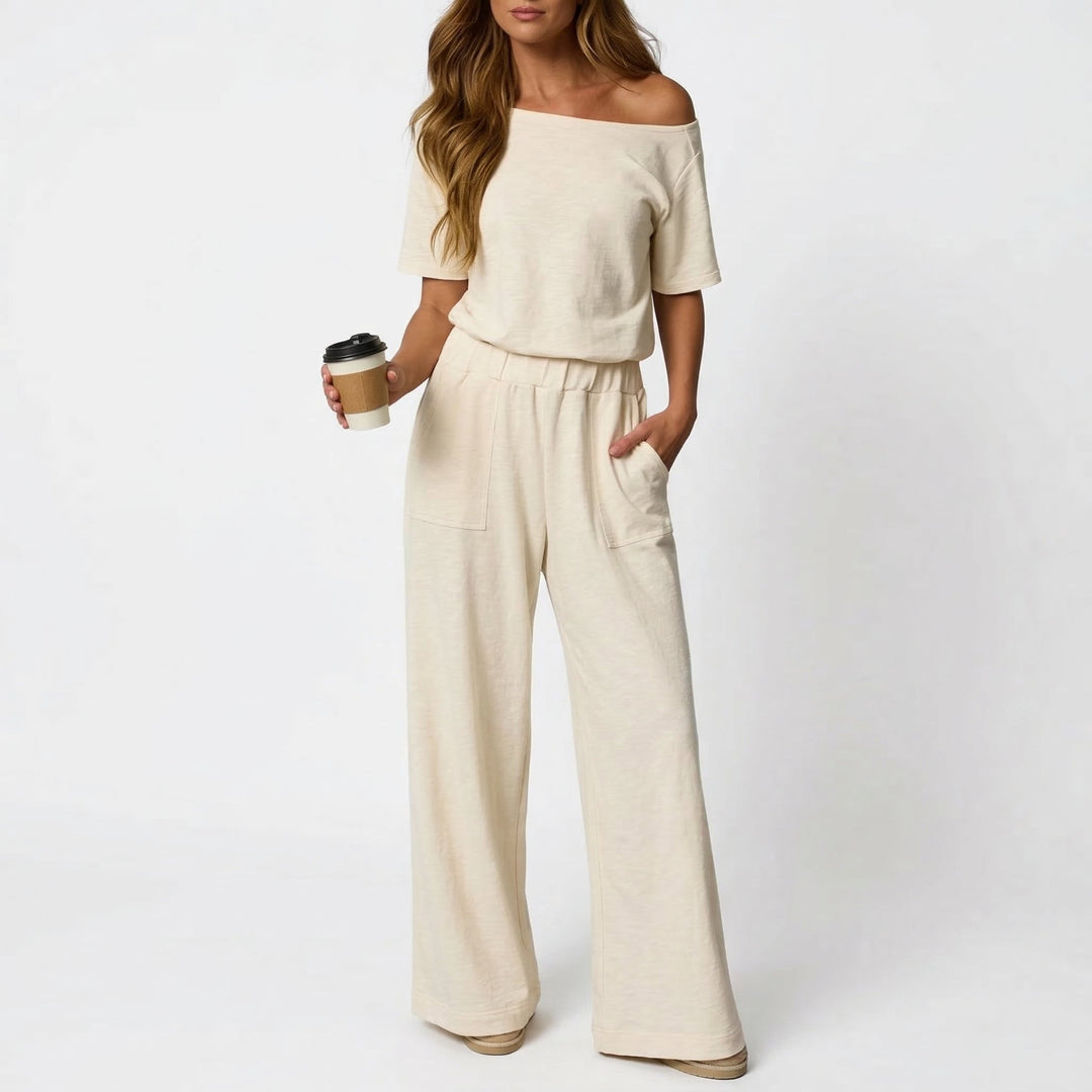 Women's Short Sleeve Back Cutout Casual Wide Leg Loose Fit One-Piece Jumpsuit